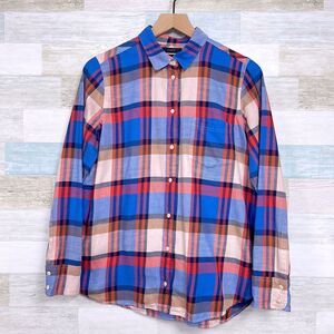 J Crew Flannel Boy Shirt Blue Orange Beige Plaid Button Up Womens 10 Petite 10P